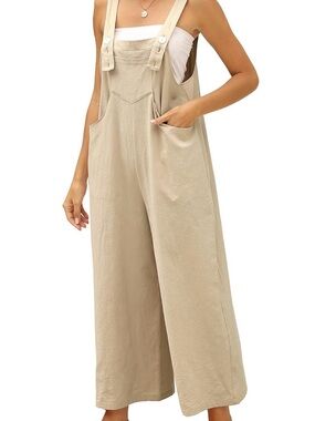 NWT Cotton Linen Blend Bib Overalls Baggy Wide-Leg Adjustable Straps - Khaki
